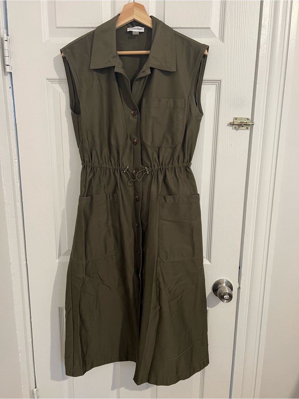 Calvin Klein Olive Green Sleeveless Shirt Midi Dress